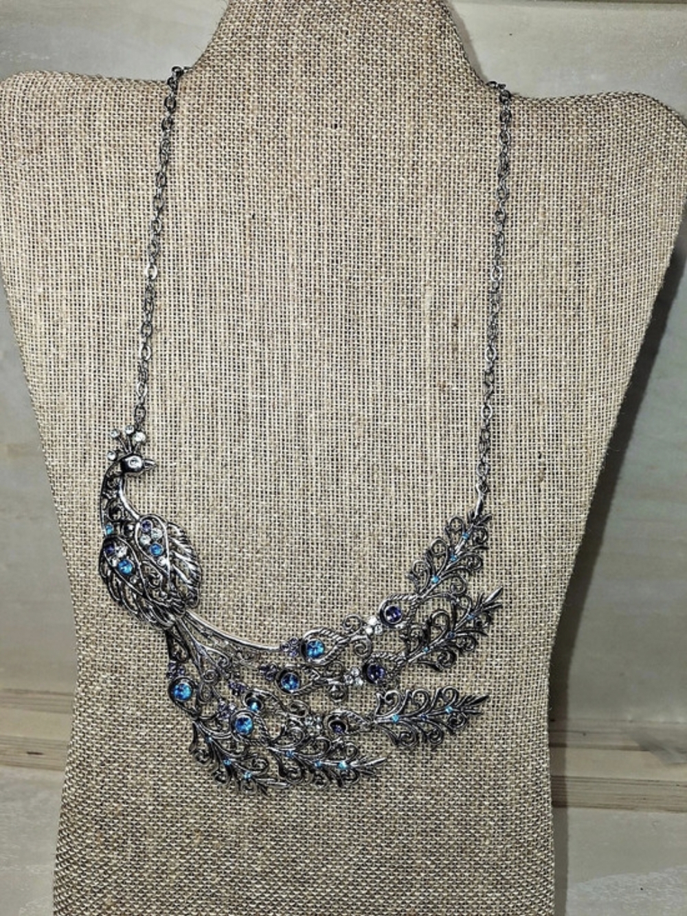 Peacock Statement Necklace in Silver & Blue Like New
